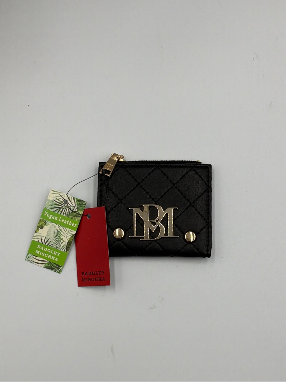 Badgley Mischka Black Quilted Vegan Leather Card Wallet with Gold Logo